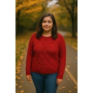 Faded Glory Women XL Red Cable Crochet Knit Metallic Sweater Holiday Festive